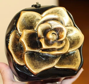 TIMMY WOODS SCULPTED BLACK GOLD ROSE SCULPTED 3D SHOULDER CLUTCH BAG TEXAS - Picture 1 of 12