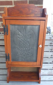 Wall Cabinet Mahogany Wood Punched Tin Pineapple Motif Farmhouse Décor - Picture 1 of 22