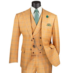 VINCI Men's Orange Plaid 3pc 2-Button Modern Suit w/ Peak Lapel - NEW - Picture 1 of 4
