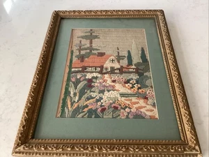 Vintage Large Floral Flowers House Crewel Embroidered Wall Art 16“ X 21“ Framed - Picture 1 of 12
