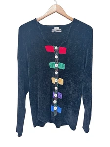 Ani Barrie Cardigan Button Down Velour Sweater Sz M Vintage Colorful Black - Picture 1 of 4