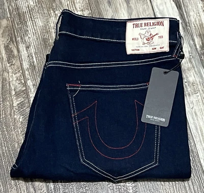 True Religion Jeans Mens 38x32 Rocco Relaxed Skinny Red Stitch Blue Denim NEW - Image 1 of 4