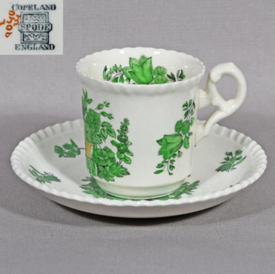 Spode Green Basket Demitasse Cup 2 3/8" Tall & Saucer 4 3/4" No Crazing - Image 1 of 4