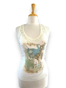 DA NANG Embroidered Beaded Peacock Graphic Tank Top Tee T-Shirt Multi White sz M - Picture 1 of 9