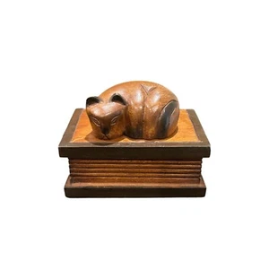 Carved Sleeping Resting Cat Wooden Trinket Box - Picture 1 of 8