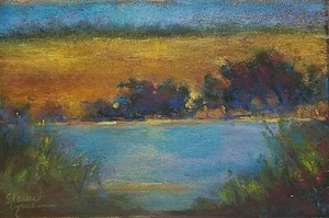 5x8 Original Pastel Painting Landscape "Orchard Pond" Gold Blue Country Serene - Picture 1 of 6