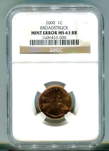 2000 Lincoln Cent Broadstruck errore nuovo di zecca NGC MS63RB #2009433-030 - Foto 1 di 2