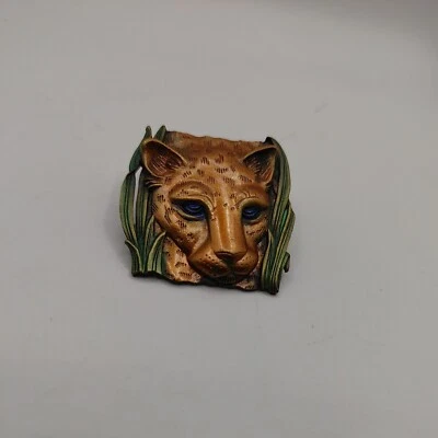 VTG COPPER Tie Tack Leopard Blue Eyes Green Grass  - Image 1 of 4