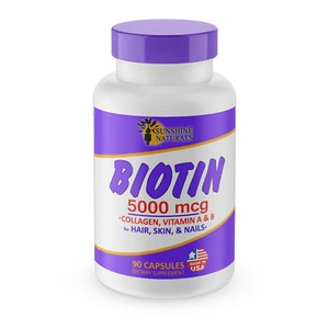 Sunshine Naturals Biotin Supplement. For Hair, Skin and Nails. 5000 mcg. 90 Caps - Picture 1 of 4