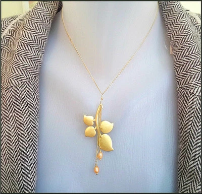 NUEVO COLLAR CADENA ORO PEREGRINO DINAMARCA VINTAGE PERLAS CORAZÓN HOJA COLGANTE GOTA., Foto 1 de 3