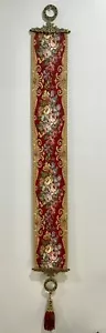 Vintage Gobelin Glockenzug Nadelspitze Wandbehang rote Rosen Messing Aufhänger - Bild 1 von 16