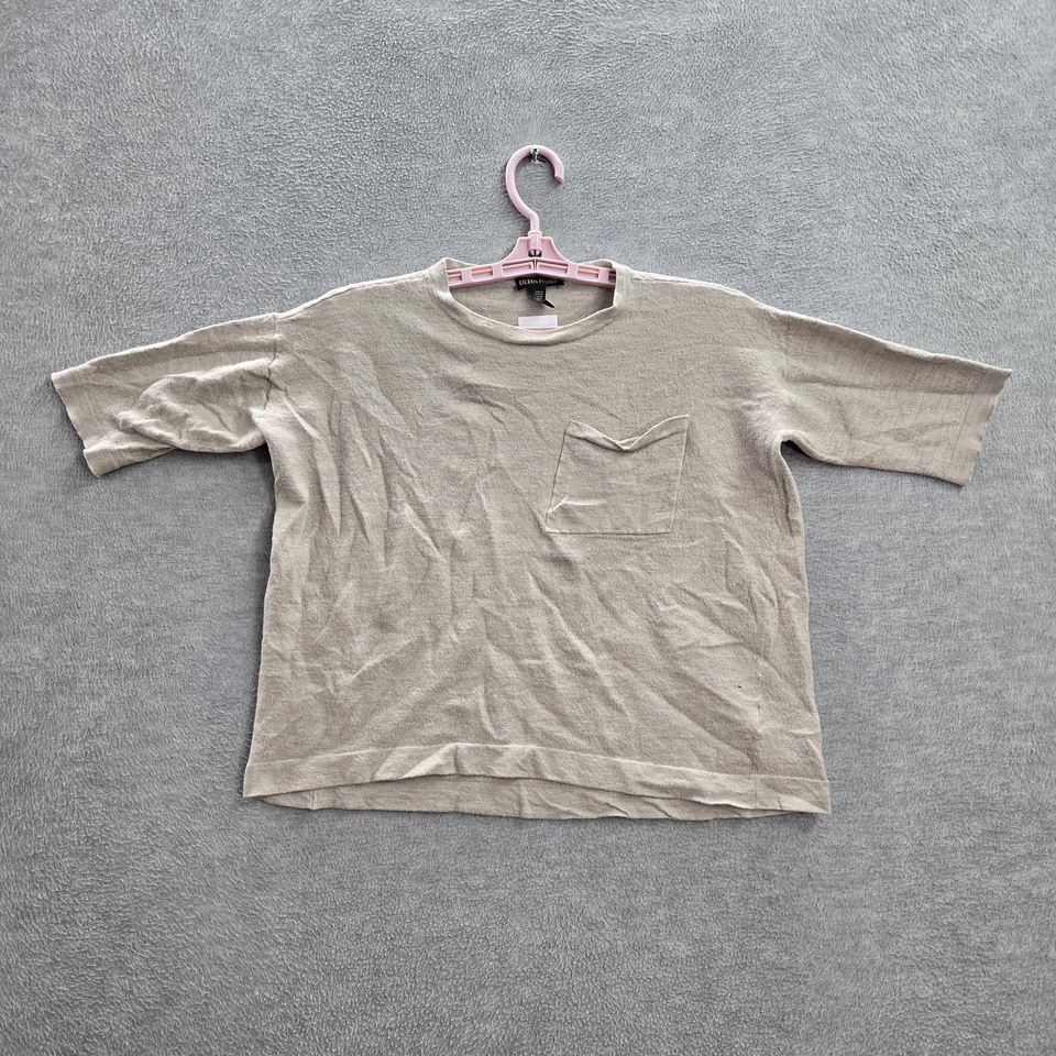 Eileen Fisher 女式衬衫 L 米色美利奴羊毛口袋圆领套衫 阅读 — 第 1/4 张图片