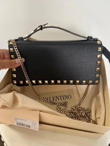 Auth Valentino Black Rockstud Pochette Wallet With Chain - Top Handle - Picture 1 of 1