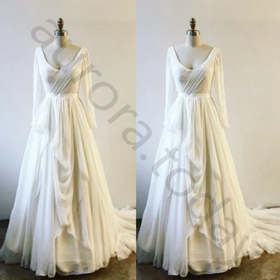 Chiffon Wedding Dress Long Sleeve V Neck Sweep Train Ruching Corset Bridal Gown - Image 1 of 4