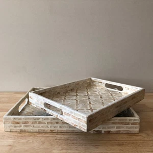 Set (2) Mother of Pearl Inlay Rectangle Decorative Serving Tray Set Cream White - Picture 1 of 6