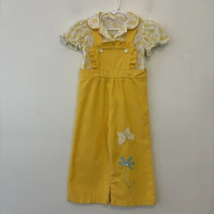 Vintage 4T Toddler Girl Overall Set Yellow Butterflies Pants  - Picture 1 of 8