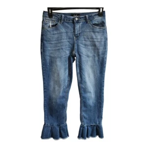 Earl Womens Flounce Hem Distressed Mid Rise Flare Straight Leg Blue Jeans Sz 12 - Picture 1 of 5