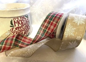 TARTAN or SNOWFLAKES Christmas Faux Linen festive - Luxury Wire Edge Ribbon LOW - Picture 1 of 14