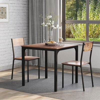 3 Piece Compact Dining Set Wooden Table 2 Chairs w/Metal Frame Kitchen Breakfast - Image 1 of 4