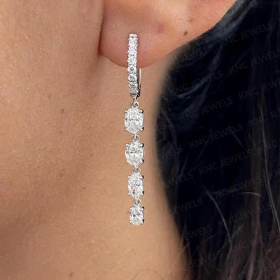 1.95CTW Oval Cut Certified Moissanite Drop Dangle Earrings 14K White Gold Plated - Image 1 of 4