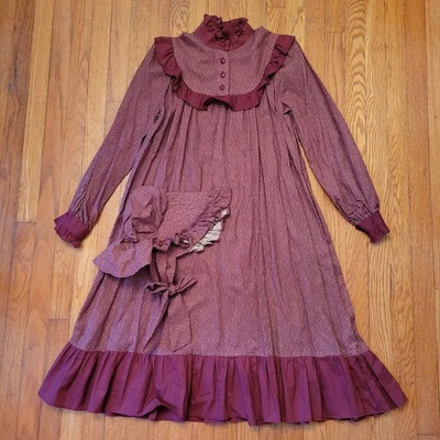 Vintage Red Floral Prairie Dress Bonnet Long Sleeve Button Front Ruffle Cottage - Image 1 of 4