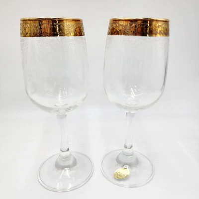"Elegante juego de 2 copas de vino Cellini Italia cristal soplado a mano grabado en oro de 24 quilates 6,5""" Foto 1 de 4