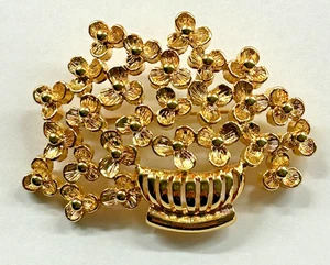 Vintage 90er Monet Brosche Anstecknadel Blumenkorb Blumenstrauß goldfarben strukturiert signiert - Bild 1 von 4