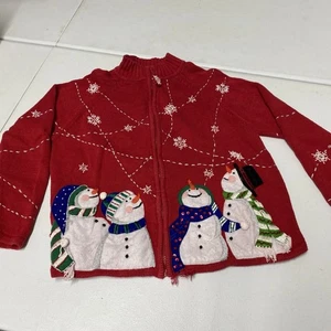 Vtg Christmas Cardigan Sweater Heirloom Collectibles Sz M Snow-men Beads Red Zip - Picture 1 of 24