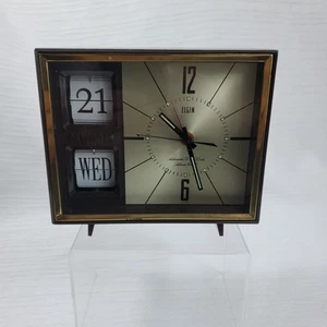 Elgin Automatic Day + Date Calendar Alarm Clock Mid Century Modern Brown - Picture 1 of 8