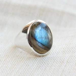 Natural Labradorite Gemstone with 14K White Gold Plated Silver Ring for Men #928 - Picture 1 of 17
