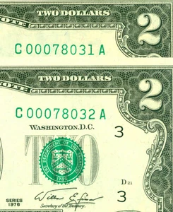 1976 2 Dollar bill FDOI x 2 (Low serial #) World paper money currency banknotes - Picture 1 of 3