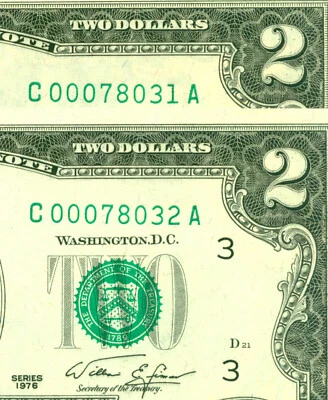 1976 2 Dollar bill  FDOI x 2 (Low serial #) World paper money currency banknotes - Image 1 of 3