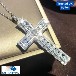 925 Sterling Silver Crystal Cross Pendant Necklace Chain Womens Men Jewellery CZ - Picture 1 of 10