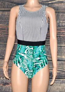 New Women's One-Piece Swimsuit Halter Stripe/Floral Size Medium - Picture 1 of 4