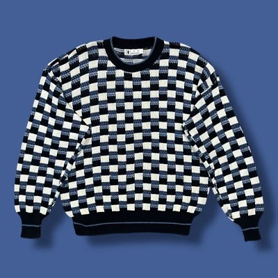 Suéter De Colección Geométrico Cuello Redondo Pullover Algodón Años 80 90 Azul Grande Hecho en EE. UU. Foto 1 de 4