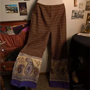 Vintage Wide Leg Flare Pants Women's Small/Medium Brown Paisley Print 70s - Picture 1 of 5