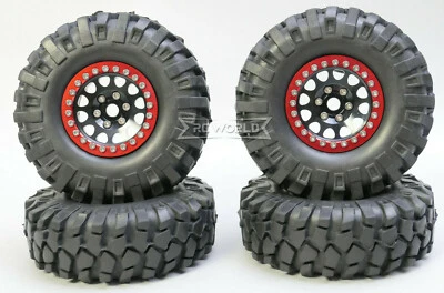 1/10 Metal Truck Wheels 1.9 Beadlock Rims V2 BLACK + RED Rings W/ 108mm Tires  - Image 1 of 4