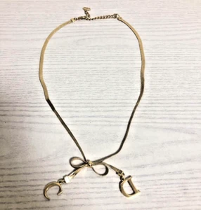 Christian Dior Vintage CD Charm Choker Necklace Bow Gold Plated Jewelry Rare - Picture 1 of 8