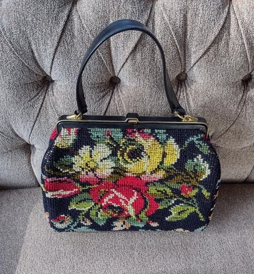 Vintage Antique Floral Needlepoint Handbag/ Purse, Black & Gold Trim - Image 1 of 4