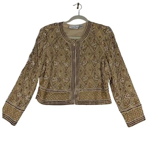 Vtg Laurence Kazar Beaded Silk Jacket Womens Large Gold Embroidered Evening - Picture 1 of 13