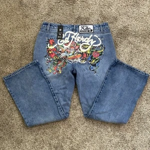 Ed Hardy Multi Tattoo Art Men’s 36x32 Straight Leg Denim Jeans Light Blue NWT - Picture 1 of 8