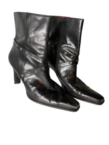 Gianni Bini Heeled Ankle Boots Black Sz 10 Square Toe Silver Grommet Strap - Picture 1 of 11