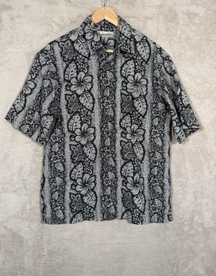 Camisa Fieldmaster Para Hombre Mediana Negra Blanca Floral Abotonada Lino Algodón Hawaiana Foto 1 de 4