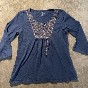 Coldwater Creek Shirt Womens Medium Embroidered Navy Blue 3/4 Sleeve Tunic Boho - Picture 1 of 6