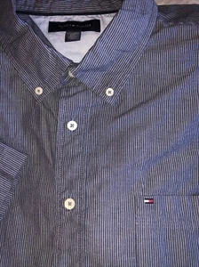 Tommy Hilfiger Shirt Mens 2XL Dark Blue Stripe Button Down Short Sleeve - Picture 1 of 3