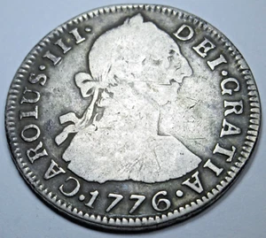 1776 Spanish Bolivia Silver 2 Reales Genuine Antique US Colonial Pirate Coin - Picture 1 of 2