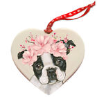 Boston Terrier Dog Porcelain Floral Heart Shaped Ornament Décor Pet Gift