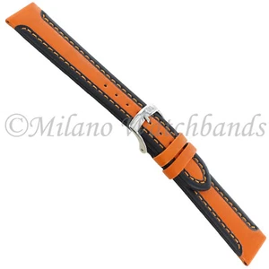 18mm Milano Slalom Black & Orange Genuine Leather Stitched Men's Watch Band - Picture 1 of 4