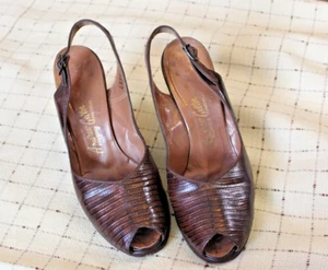 VTG 40s 50s Andrew Geller Sling Back Peep Toe Alligator Heels Shoes sz 7 1/2 - Picture 1 of 8