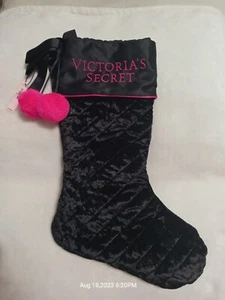 Victoria Secrets Christmas Stocking Black Pink Crushed Velvet Pink Pom Pom NWT - Picture 1 of 5